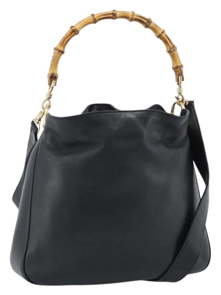 Gucci Bamboo Hand Bag Leather 2way Black Gold 001 1638 Auth Ep14771